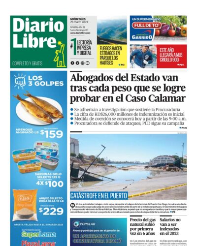 Portada Periódico Diario Libre, Miércoles 29 Marzo, 2023
