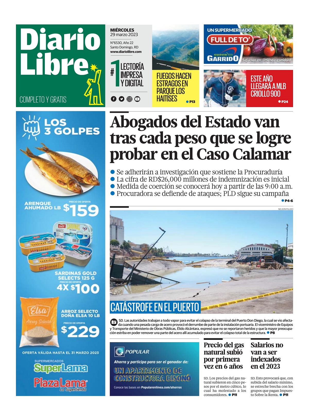 Portada Periódico Diario Libre, Miércoles 29 Marzo, 2023