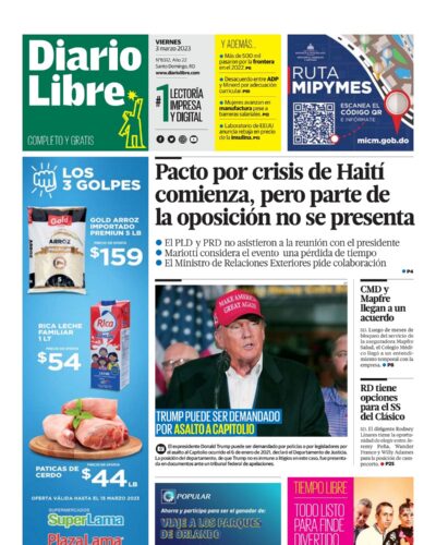 Portada Periódico Diario Libre, Viernes 03 Marzo, 2023