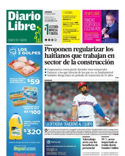 Portada Periódico Diario Libre, Viernes 17 Marzo, 2023