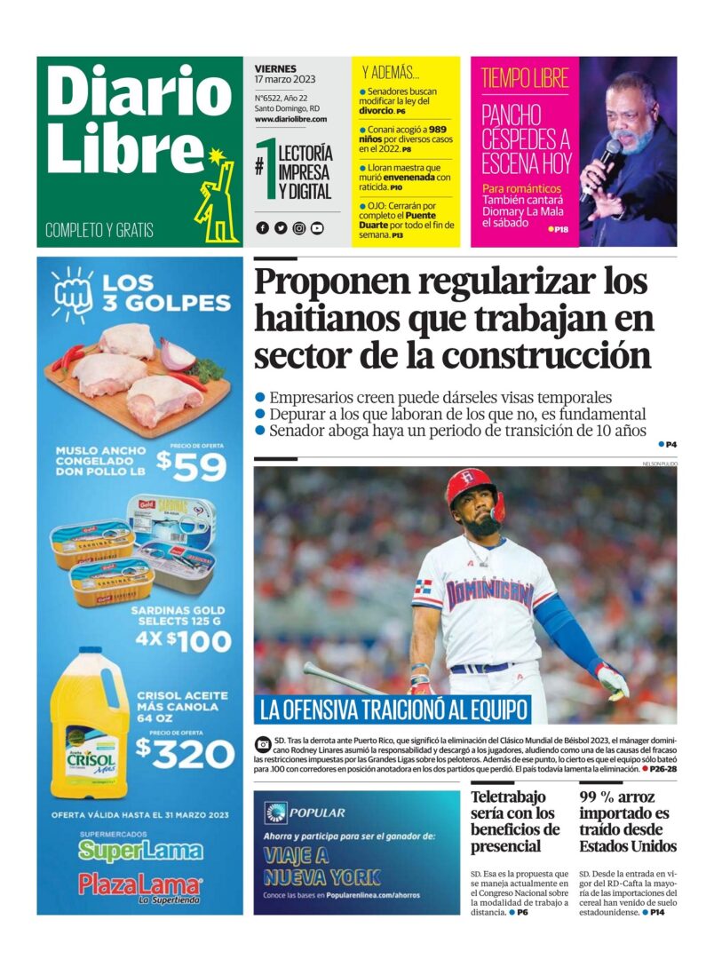 Portada Periódico Diario Libre, Viernes 17 Marzo, 2023