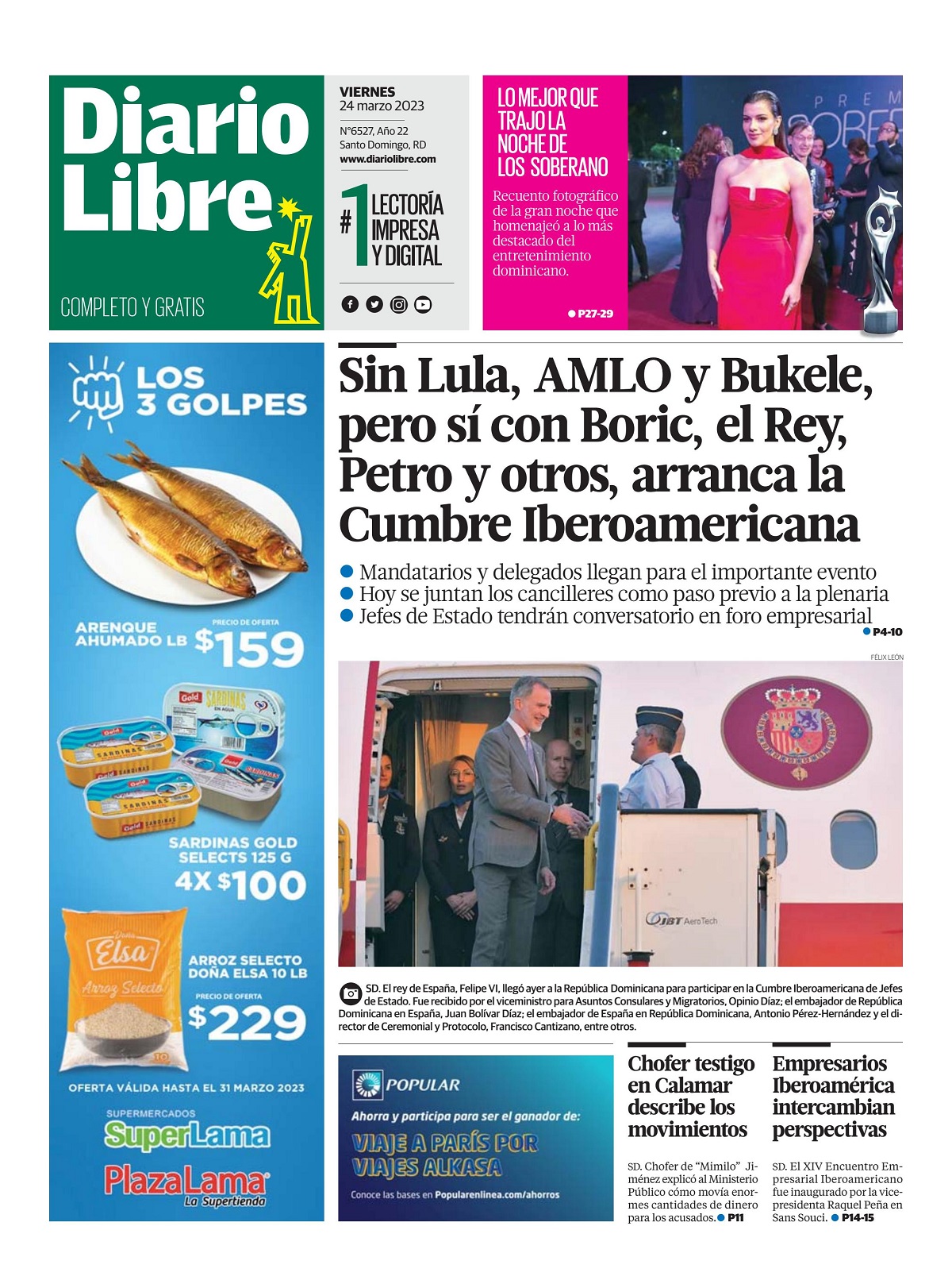 Portada Periódico Diario Libre, Viernes 24 Marzo, 2023