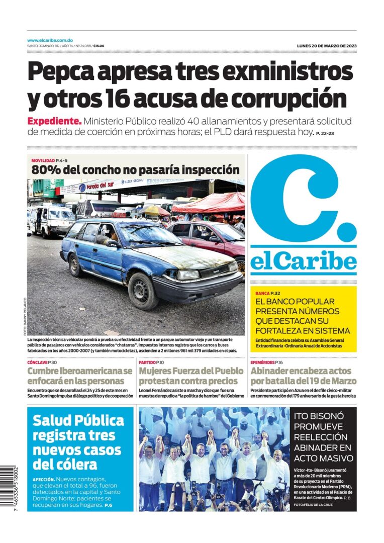 Portada Periódico El Caribe, Lunes 20 Marzo, 202