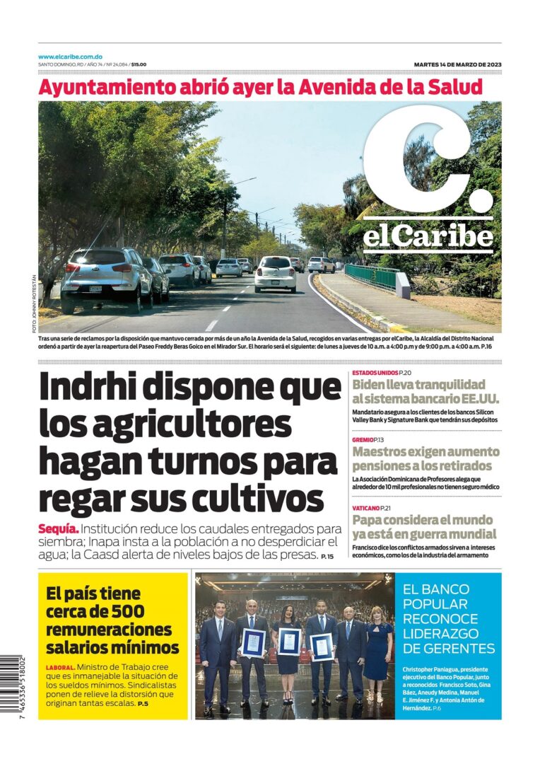 Portada Periódico El Caribe, Martes 14 Marzo, 2023
