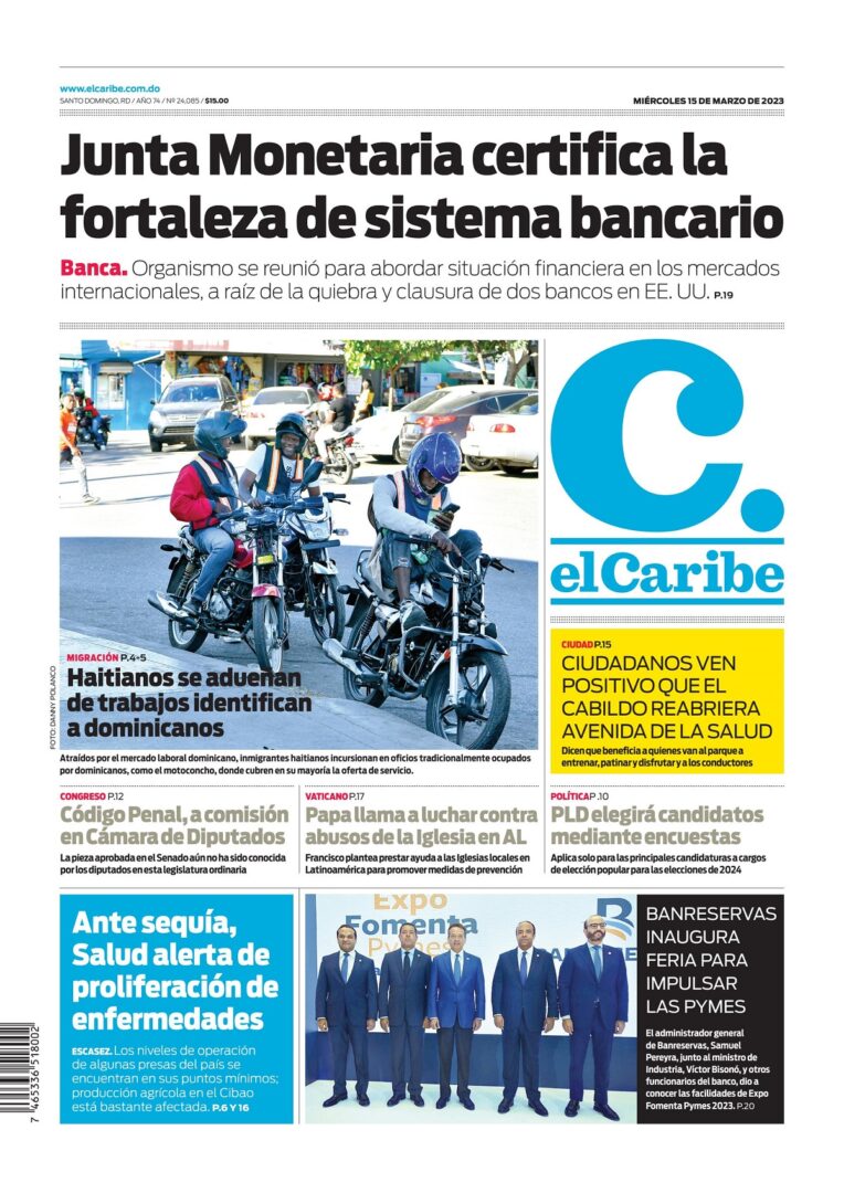 Portada Periódico El Caribe, Miércoles 15 Marzo, 2023