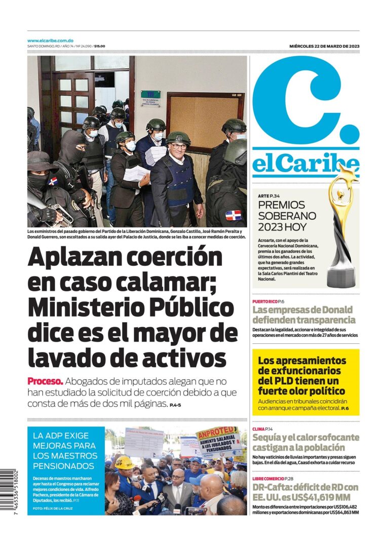Portada Periódico El Caribe, Miércoles 22 Marzo, 2023