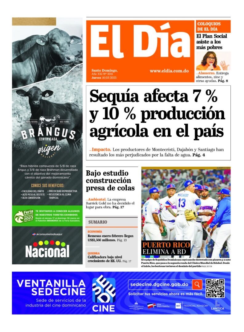 Portada Periódico El Día, Jueves 16 Marzo, 2023