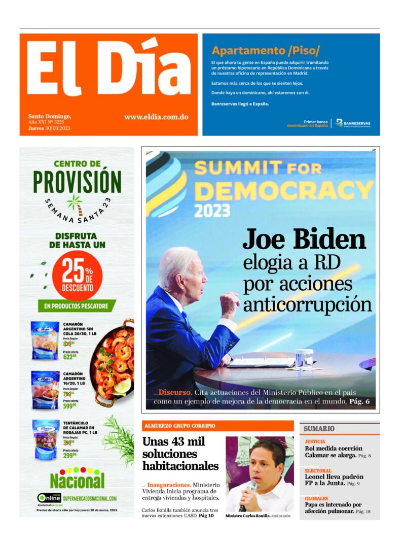 Portada Periódico El Día, Jueves 30 Marzo, 2023