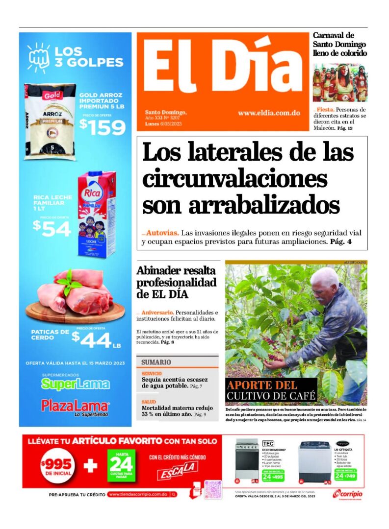 Portada Periódico El Día, Lunes 06 Marzo, 2023