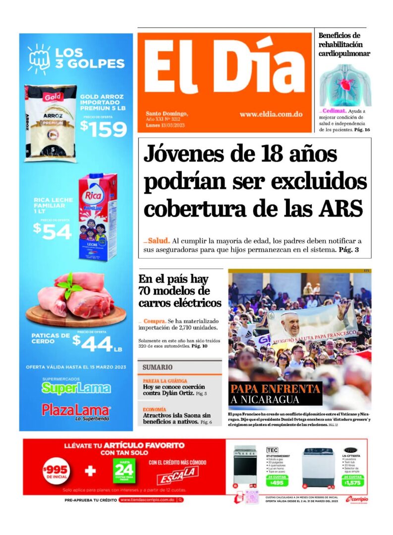 Portada Periódico El Día, Lunes 13 Marzo, 2023