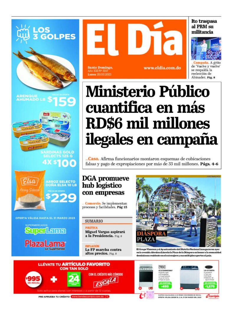 Portada Periódico El Día, Lunes 20 Marzo, 2023