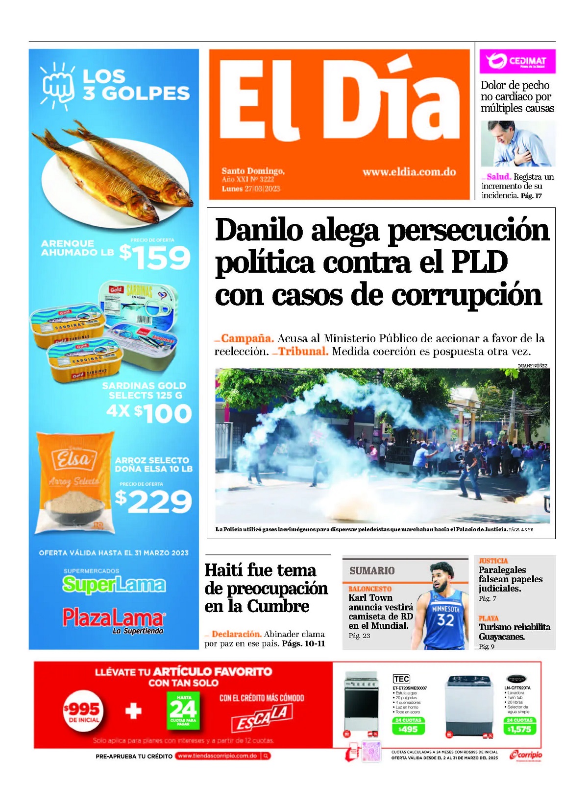 Portada Periódico El Día, Lunes 27 Marzo, 2023