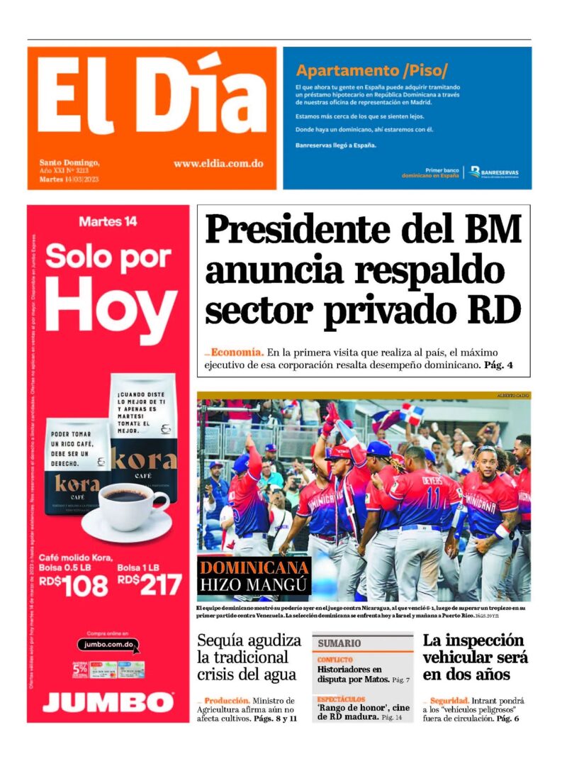 Portada Periódico El Día, Martes 14 Marzo, 2023