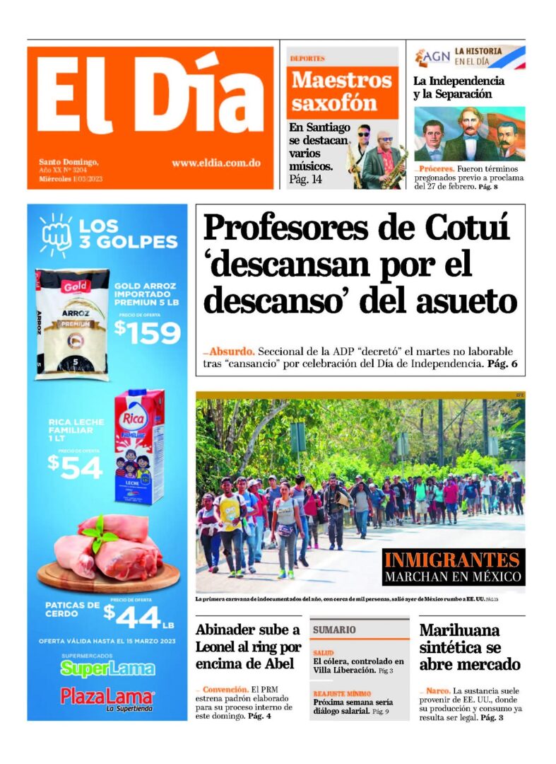 Portada Periódico El Día, Miércoles 01 Marzo, 2023