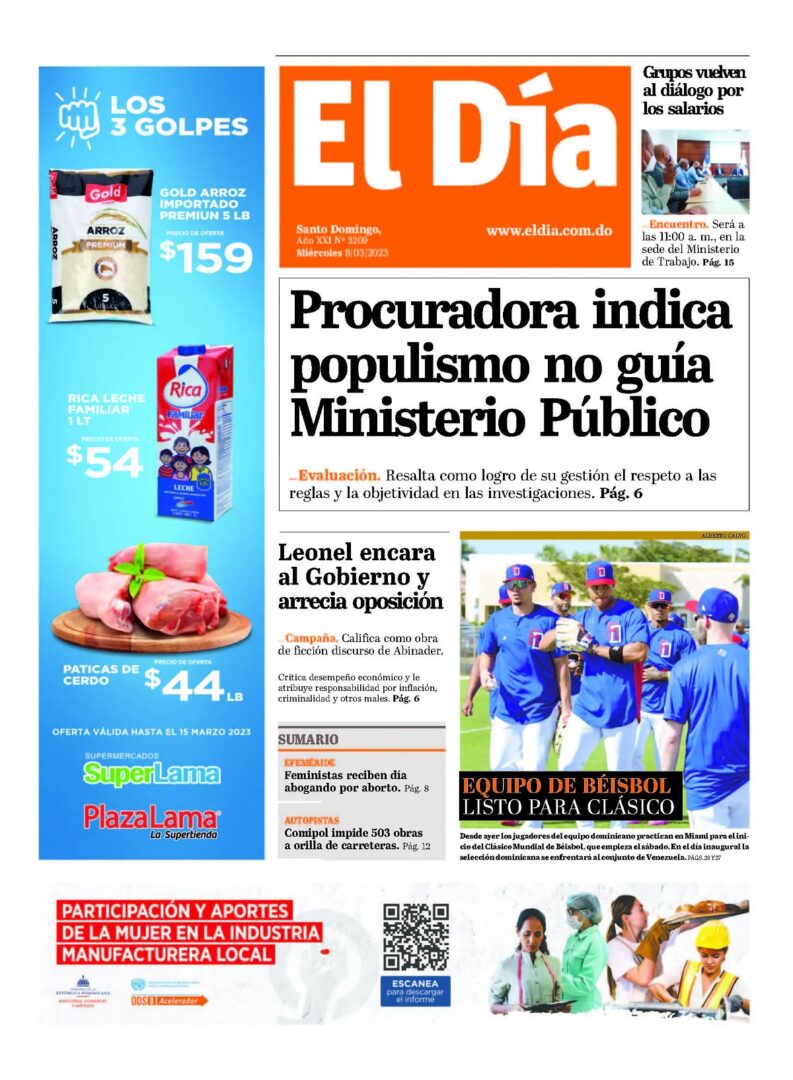 Portada Periódico El Día, Miércoles 08 Marzo, 2023