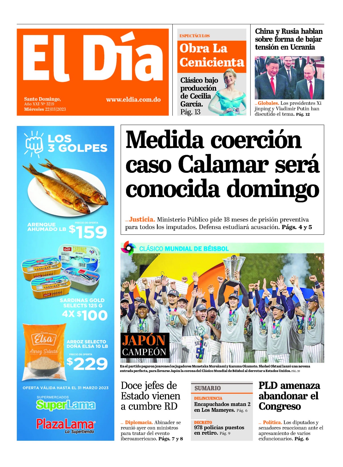 Portada Periódico El Día, Miércoles 22 Marzo, 2023