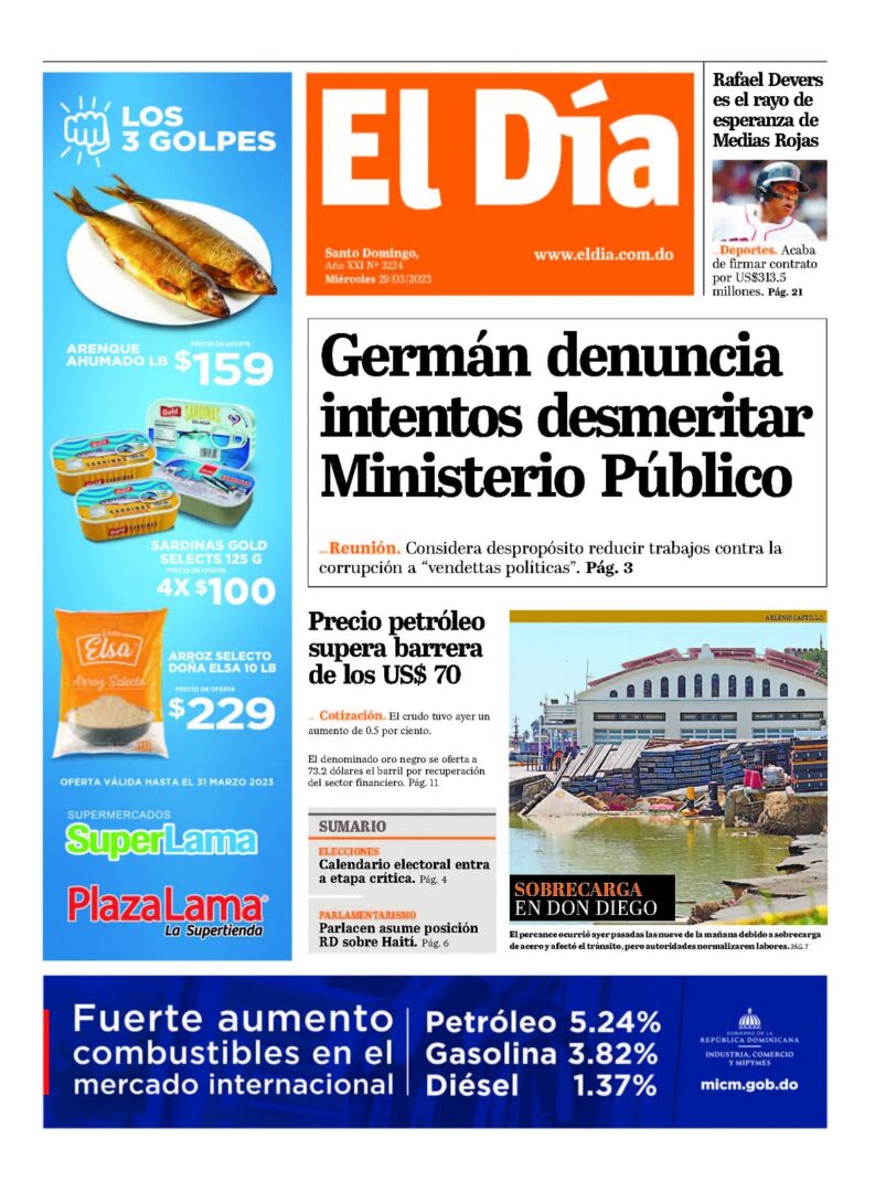 Portada Periódico El Día, Miércoles 29 Marzo, 2023