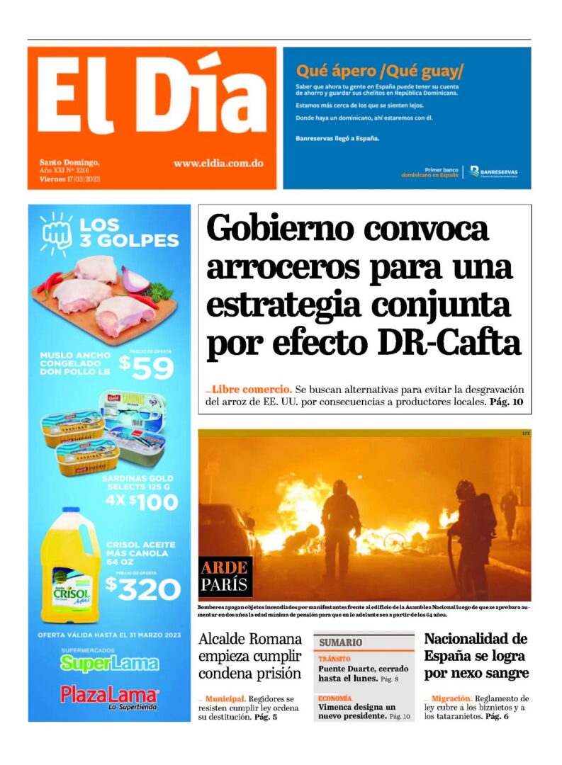 Portada Periódico El Día, Viernes 17 Marzo, 2023