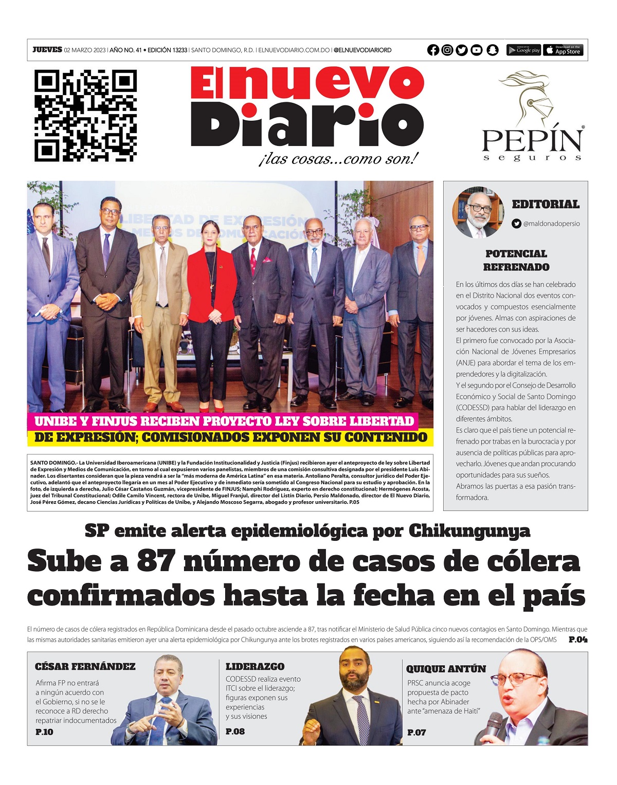 Portada Periódico El Nuevo Diario, Jueves 02 Marzo, 2023