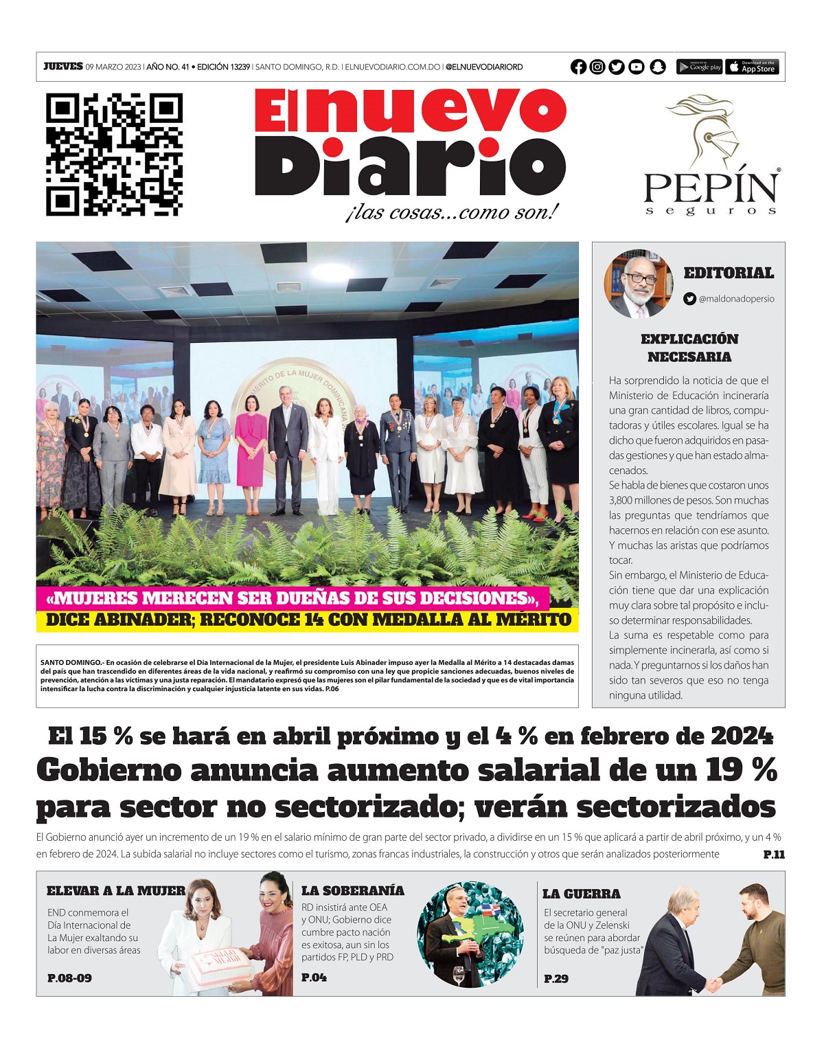 Portada Periódico El Nuevo Diario, Jueves 09 Marzo, 2023