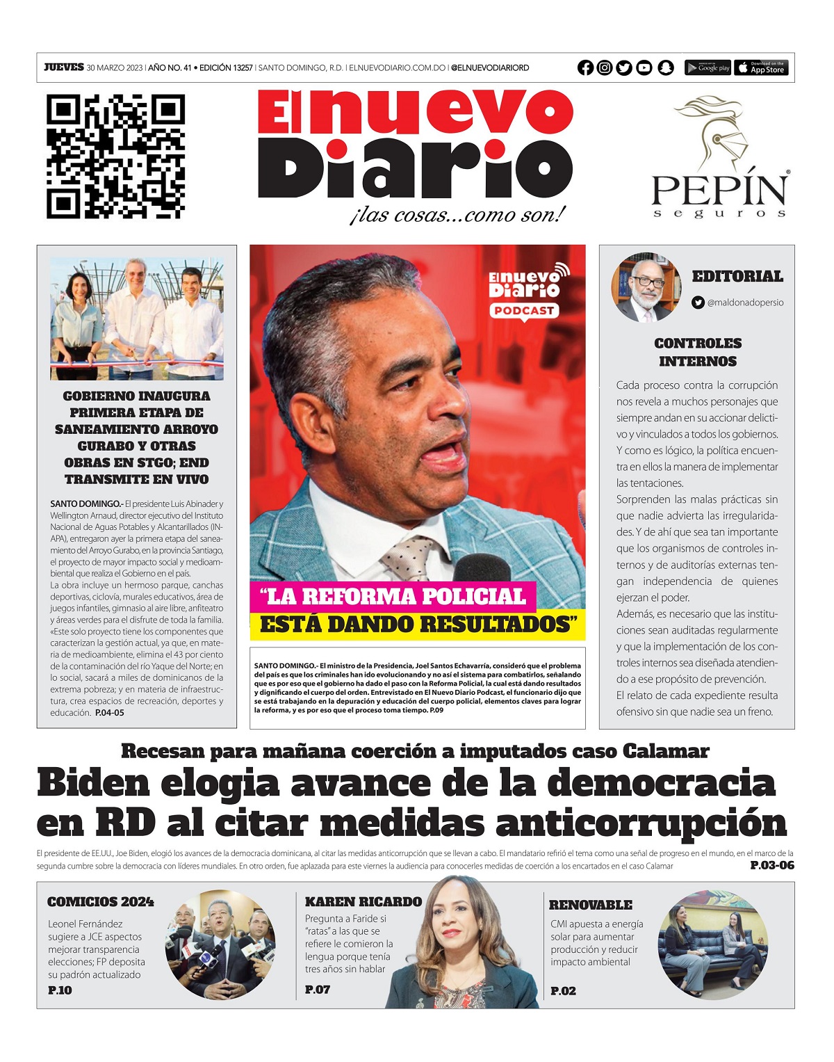 Portada Periódico El Nuevo Diario, Jueves 30 Marzo, 2023