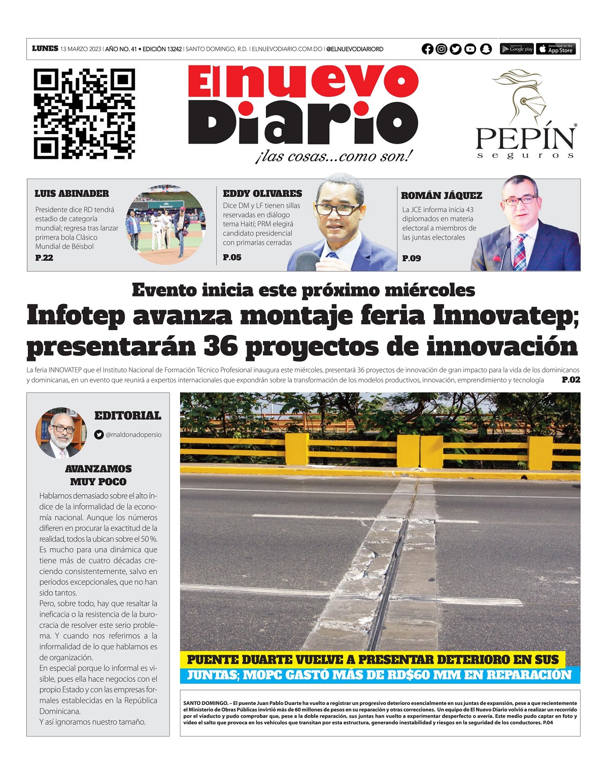 Portada Periódico El Nuevo Diario, Lunes 13 Marzo, 2023