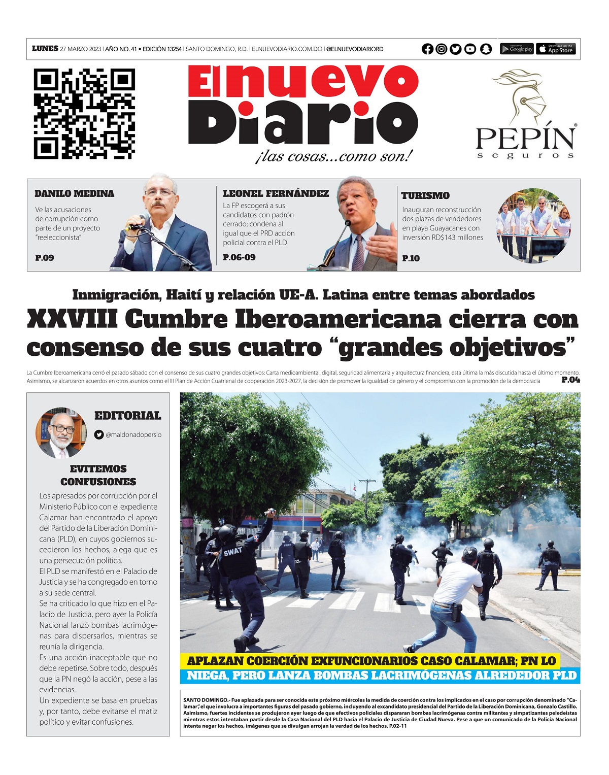 Portada Periódico El Nuevo Diario, Lunes 27 Marzo, 2023