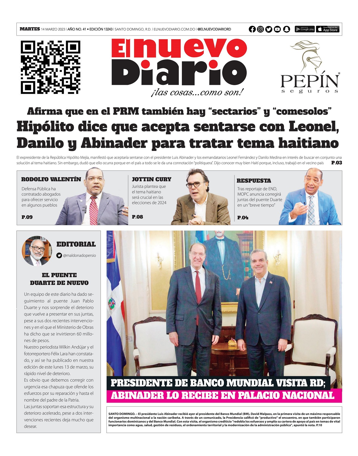 Portada Periódico El Nuevo Diario, Martes 14 Marzo, 2023