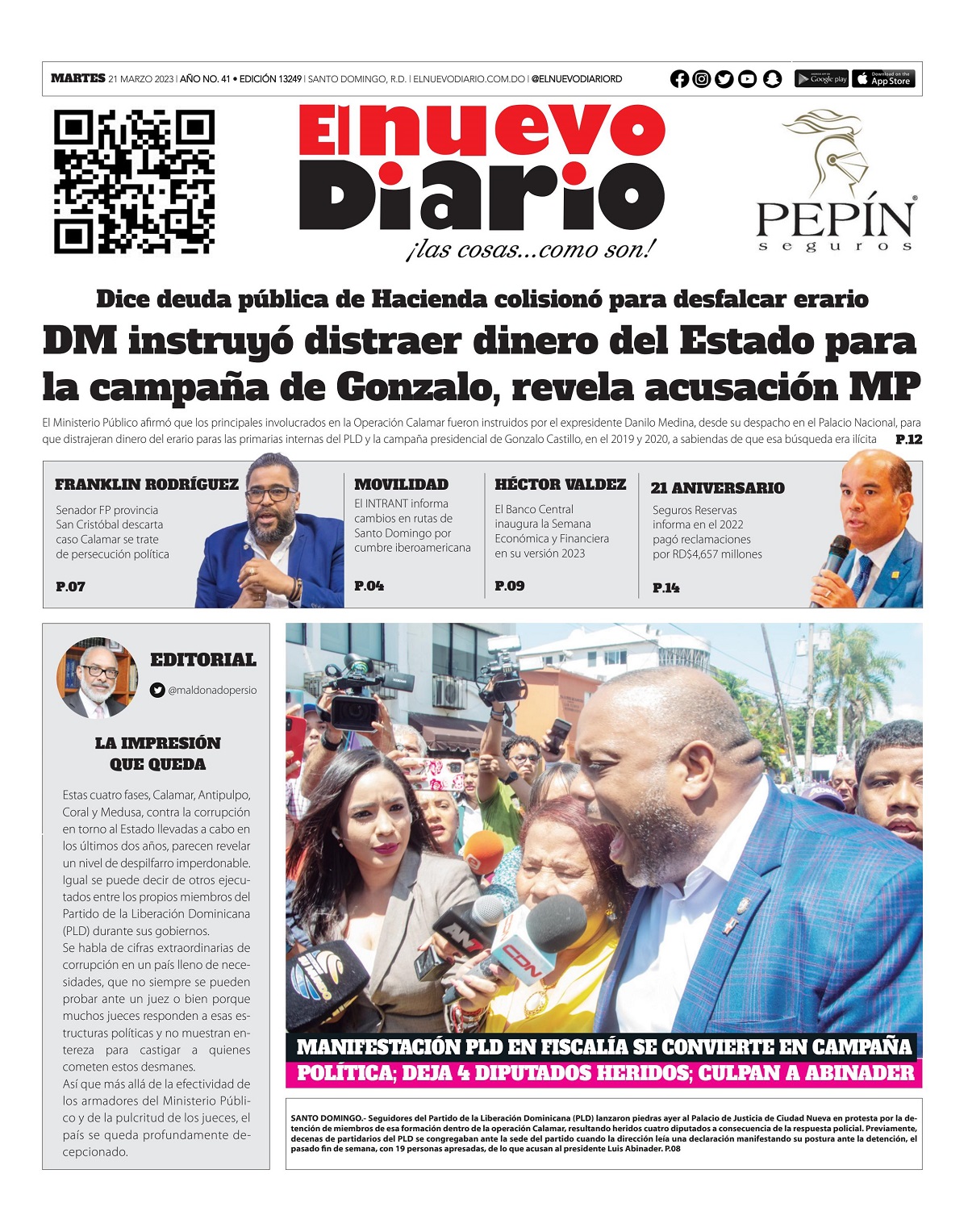 Portada Periódico El Nuevo Diario, Martes 21 Marzo, 2023