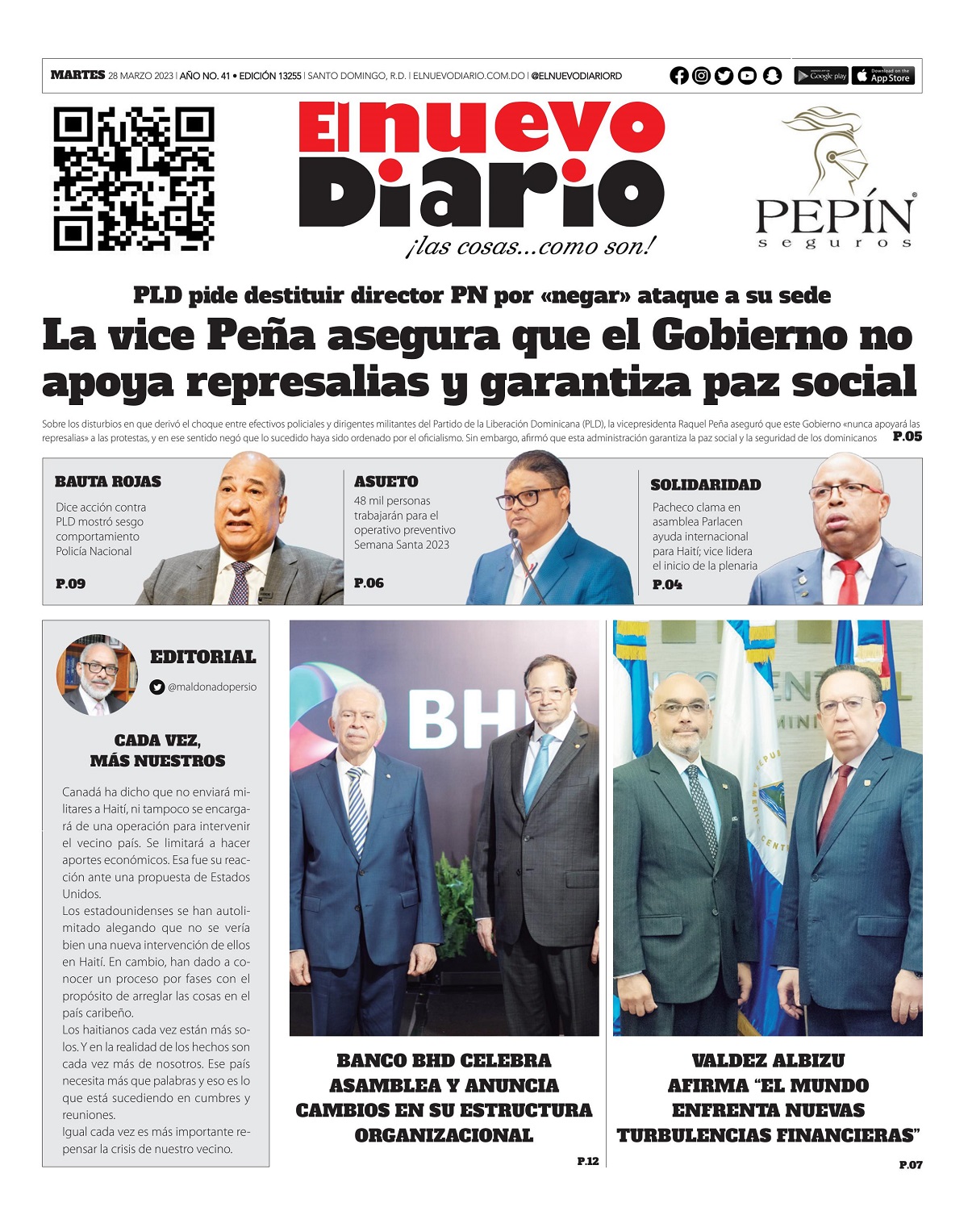 Portada Periódico El Nuevo Diario, Martes 28 Marzo, 2023