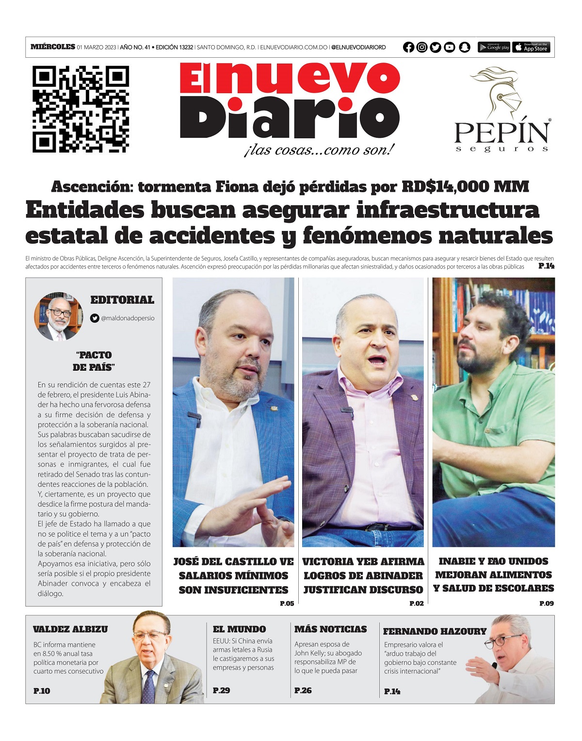 Portada Periódico El Nuevo Diario, Miércoles 01 Marzo, 2023
