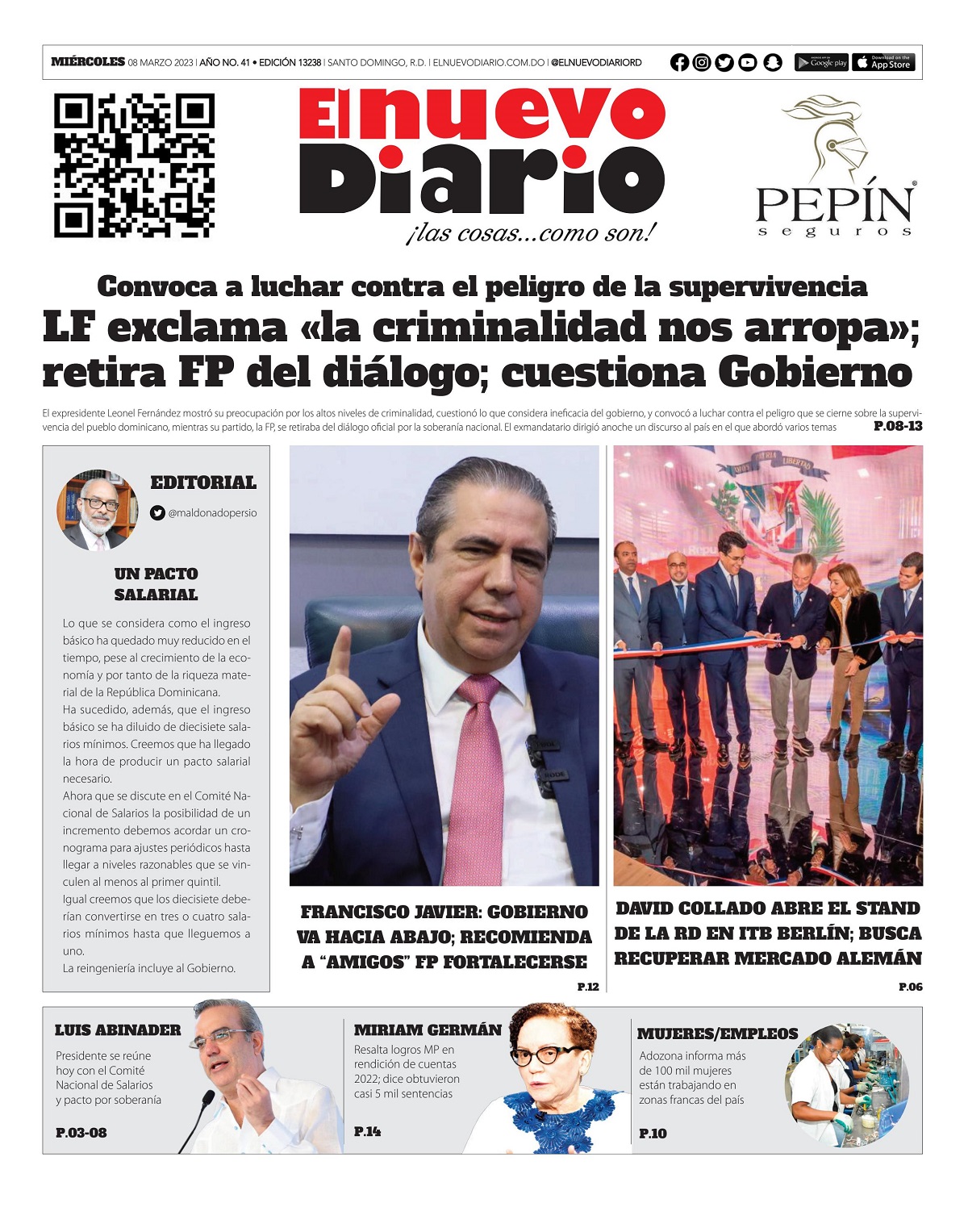 Portada Periódico El Nuevo Diario, Miércoles 08 Marzo, 2023