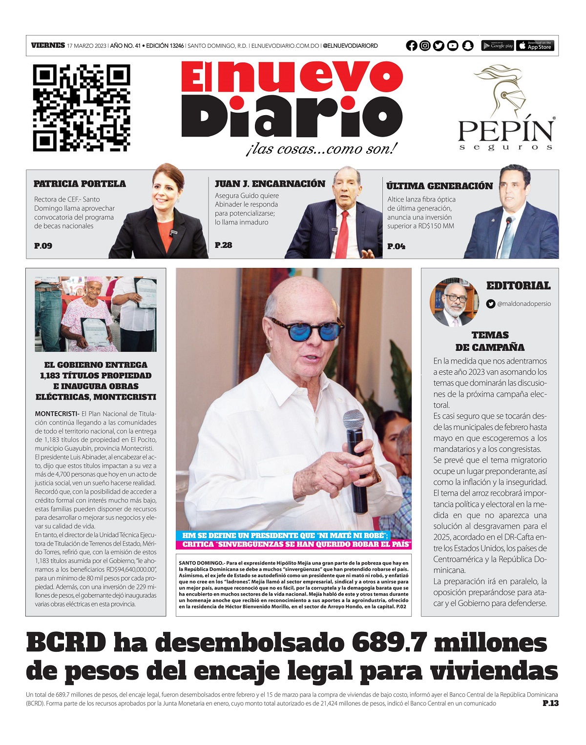 Portada Periódico El Nuevo Diario, Viernes 17 Marzo, 2023