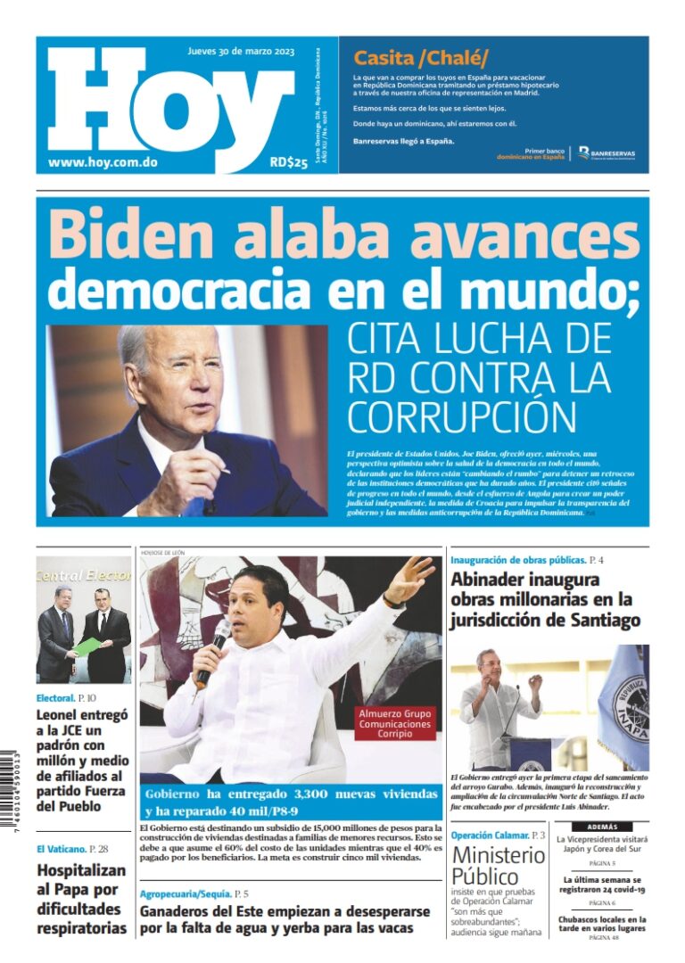 Portada Periódico Hoy, Jueves 30 Marzo, 2023
