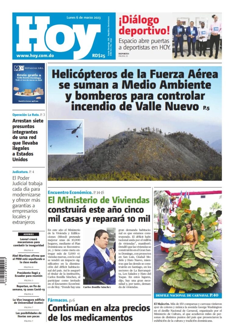 Portada Periódico Hoy, Lunes 06 Marzo, 2023