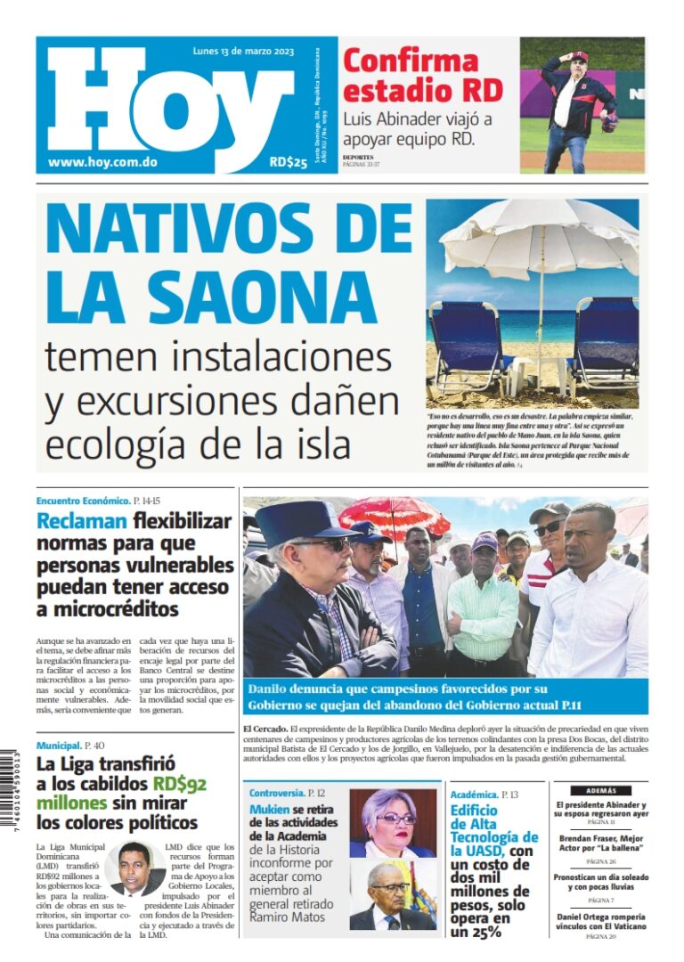 Portada Periódico Hoy, Lunes 13 Marzo, 2023