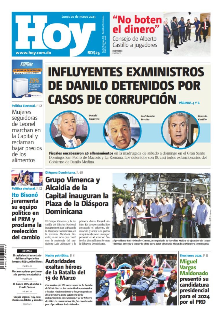 Portada Periódico Hoy, Lunes 20 Marzo, 2023