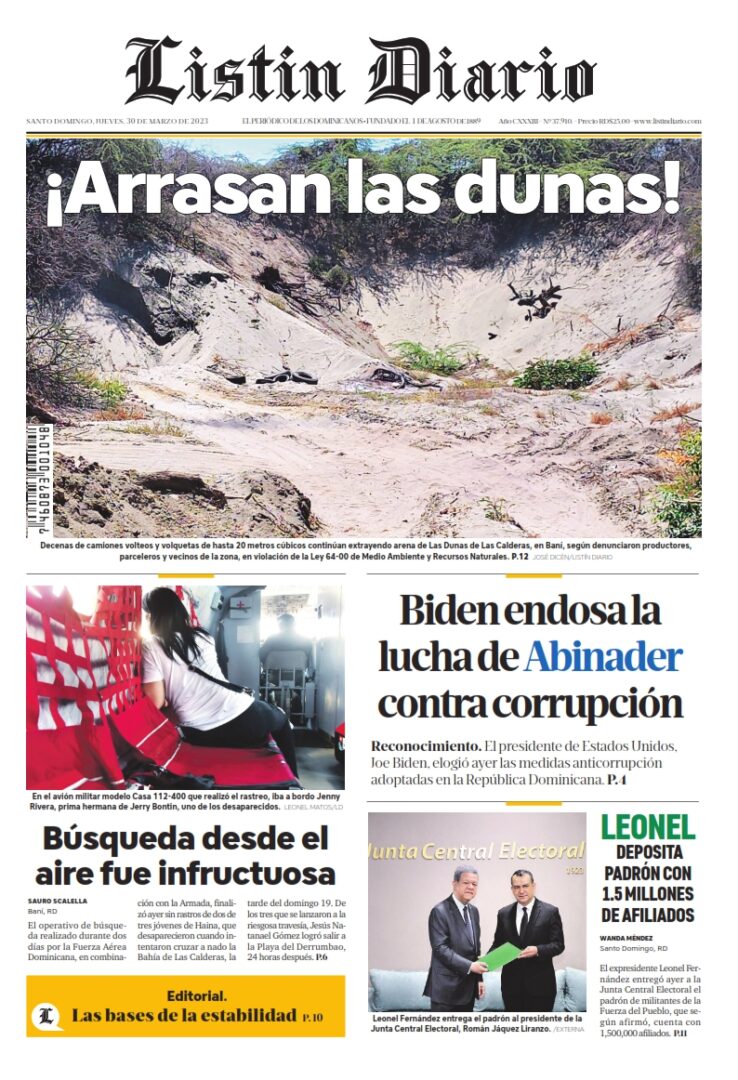 Portada Periódico Listín Diario, Jueves 30 Marzo, 2023