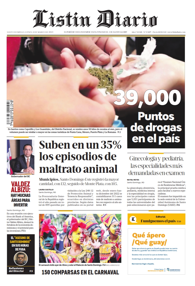 Portada Periódico Listín Diario, Lunes 06 Marzo, 2023