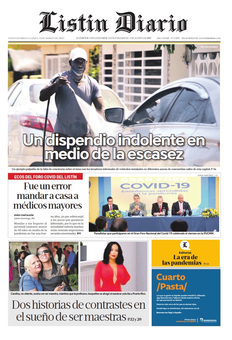 Portada Periódico Listín Diario, Lunes 13 Marzo, 2023