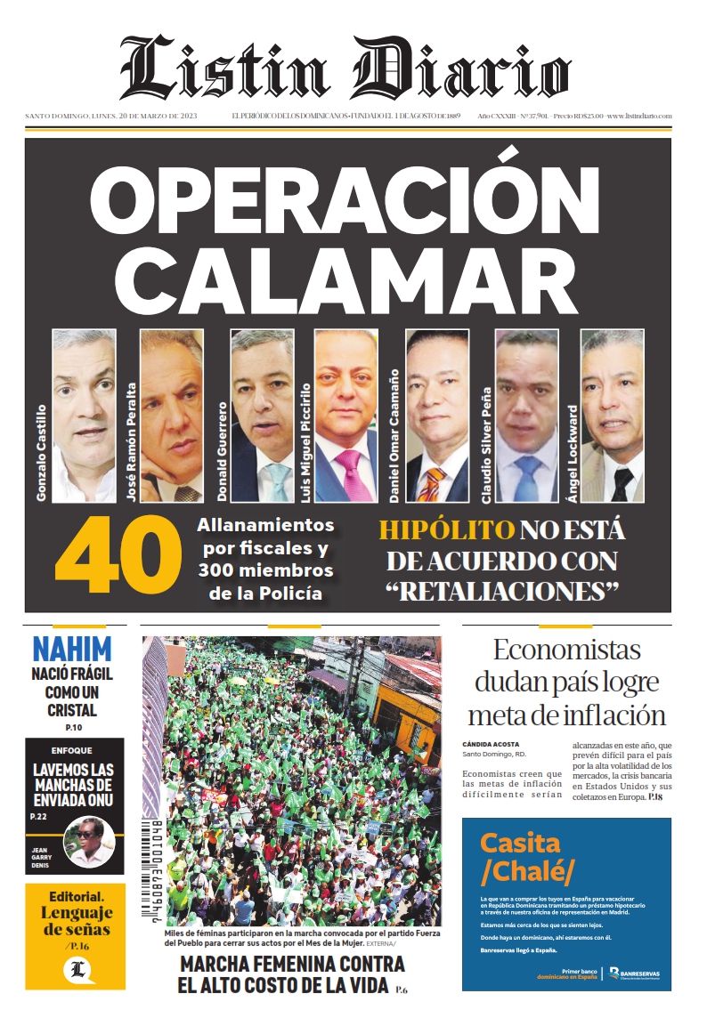 Portada Periódico Listín Diario, Lunes 20 Marzo, 2023