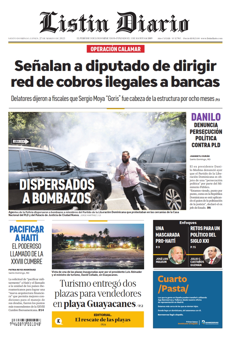 Portada Periódico Listín Diario, Lunes 27 Marzo, 2023