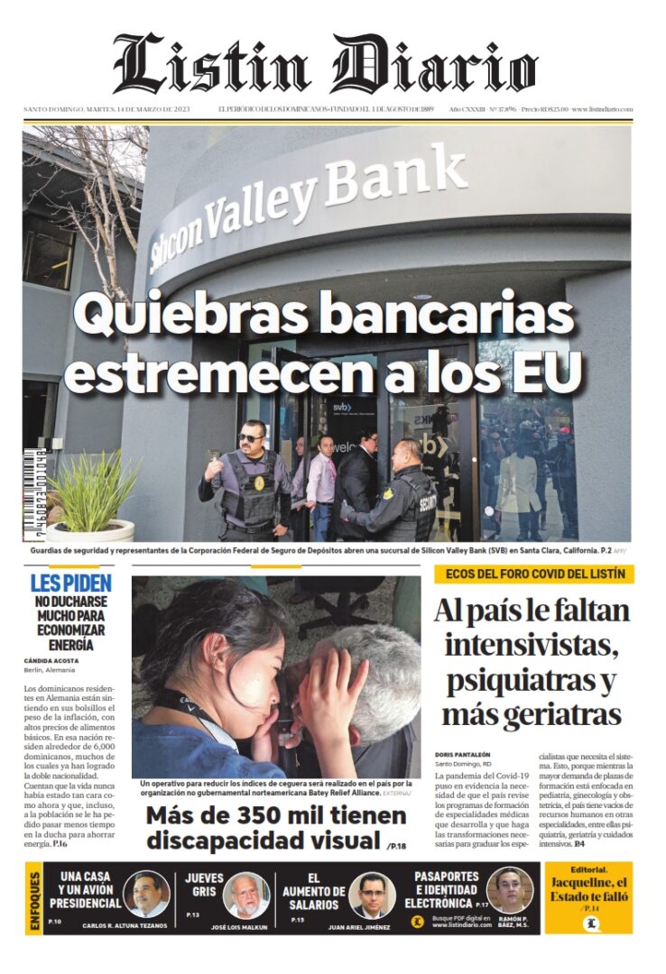 Portada Periódico Listín Diario, Martes 14 Marzo, 2023