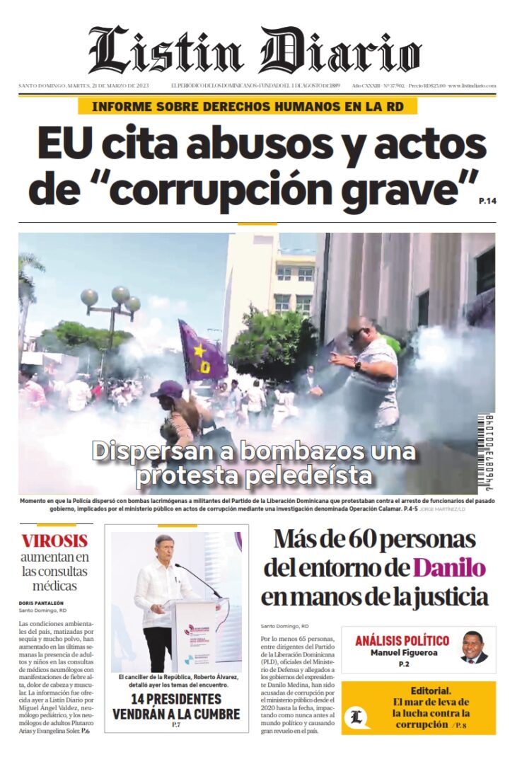 Portada Periódico Listín Diario, Martes 21 Marzo, 2023