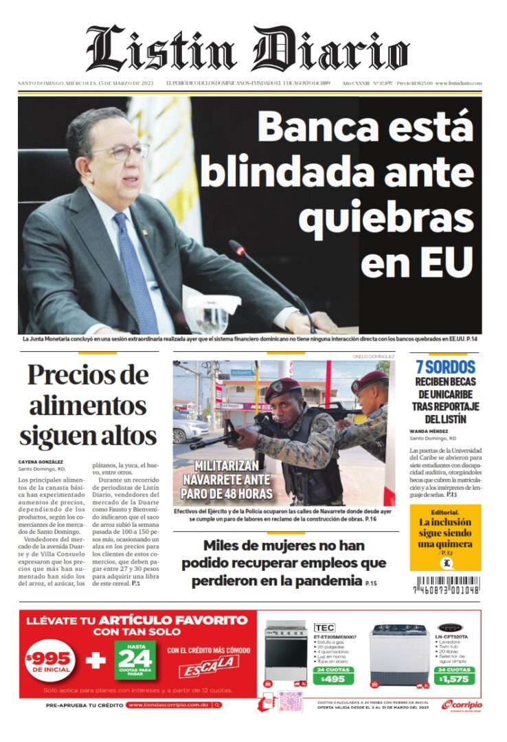 Portada Periódico Listín Diario, Miércoles 15 Marzo, 2023
