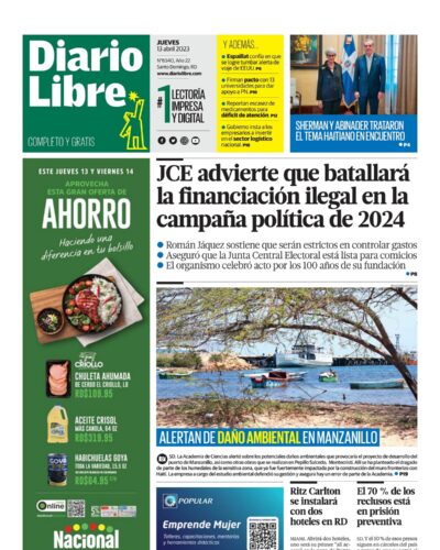 Portada Periódico Diario Libre, Jueves 13 Abril, 2023