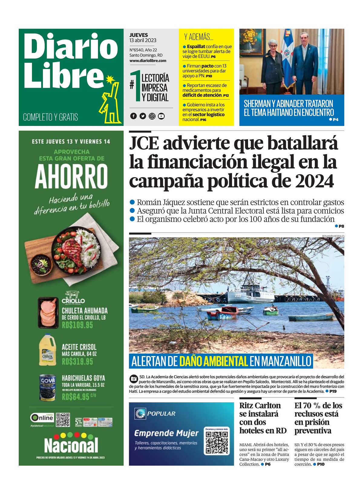 Portada Periódico Diario Libre, Jueves 13 Abril, 2023
