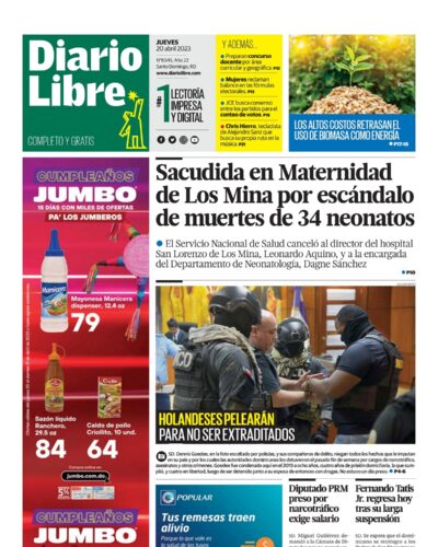 Portada Periódico Diario Libre, Jueves 20 Abril, 2023