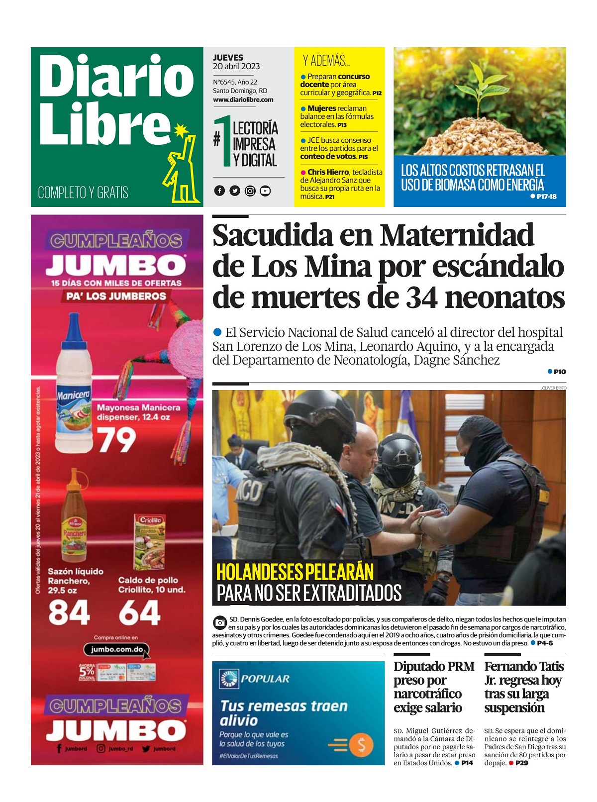 Portada Periódico Diario Libre, Jueves 20 Abril, 2023