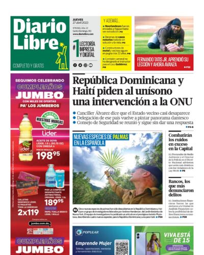 Portada Periódico Diario Libre, Jueves 27 Abril, 2023